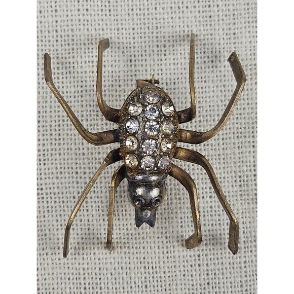 Vintage Spider Brooch‎ Pin Bronze Clear Rhinestones - Picture 3 of 5